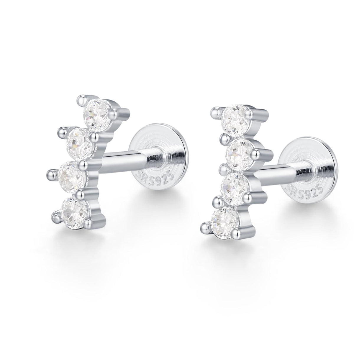 Sterling Silver Curved CZ 16G Internally Threaded Flat Back Earrings