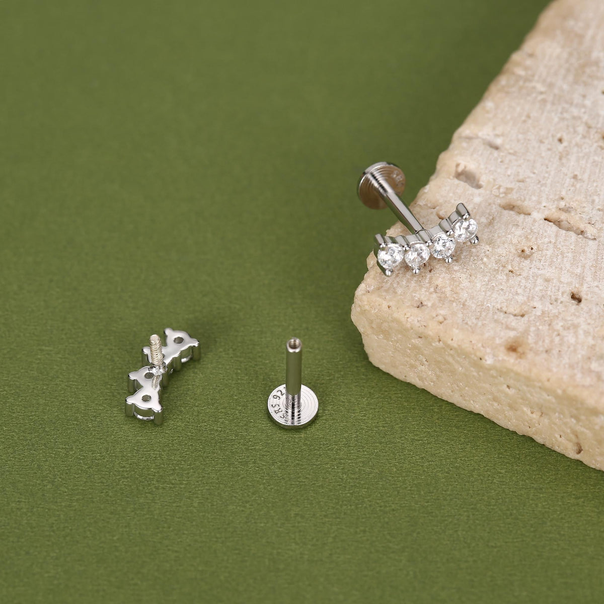 Sterling Silver Curved CZ 16G Internally Threaded Flat Back Earrings