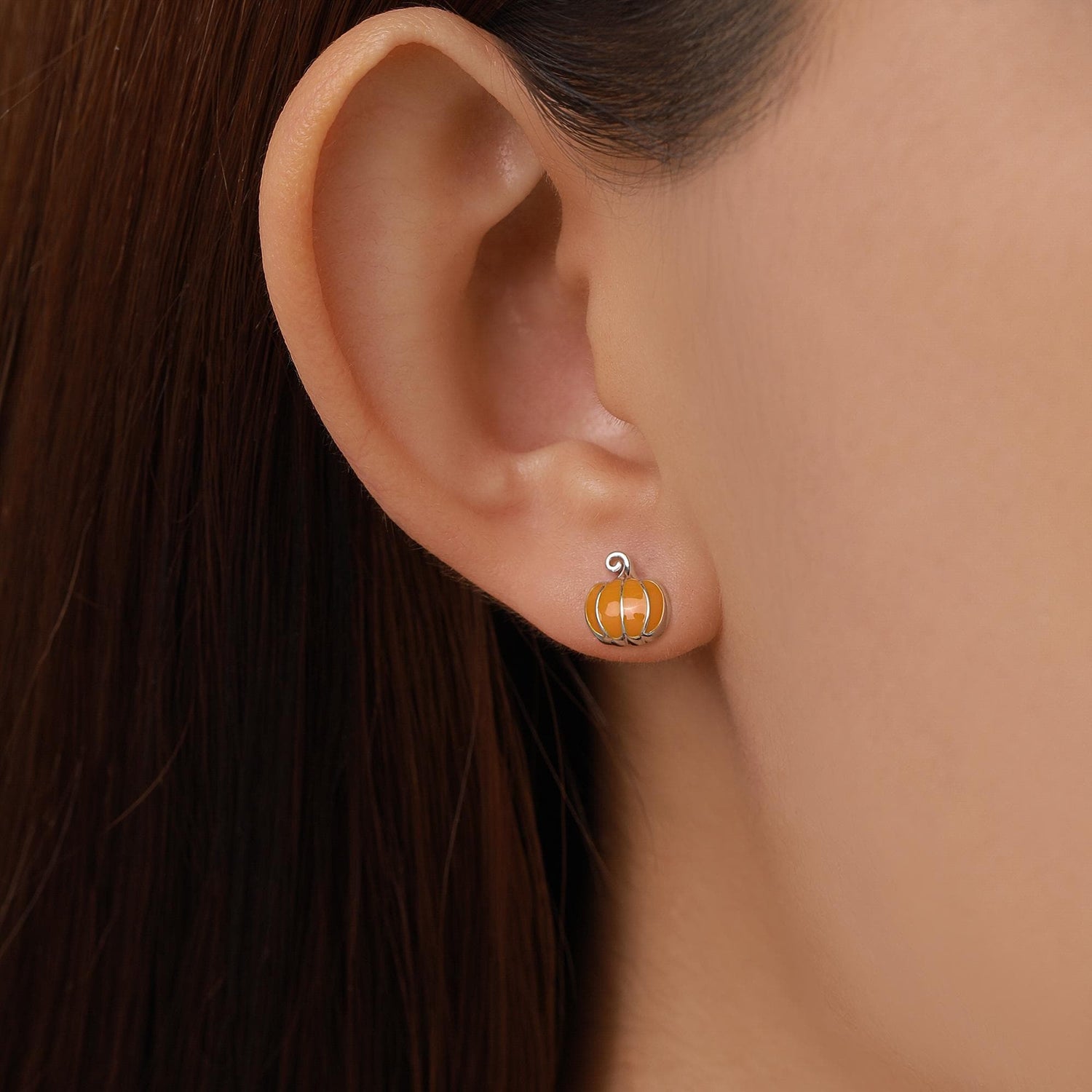 Sterling Silver Orange Enamel Pumpkin Stud Earrings