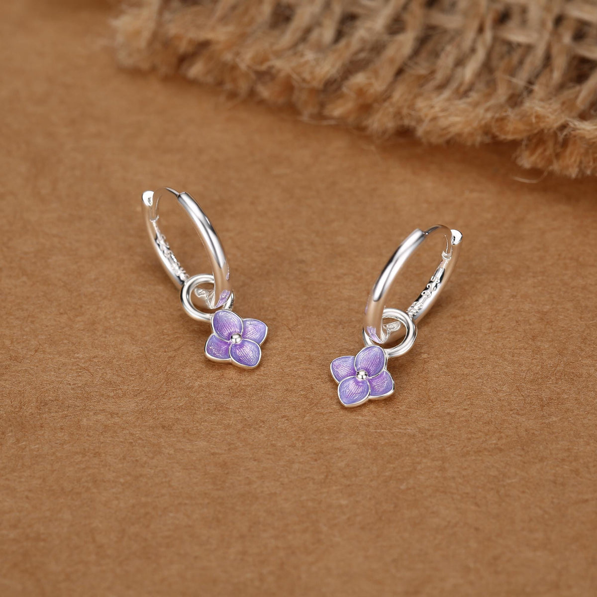 Sterling Silver Purple Enamel Hydrangea Dangle Hoop Earrings