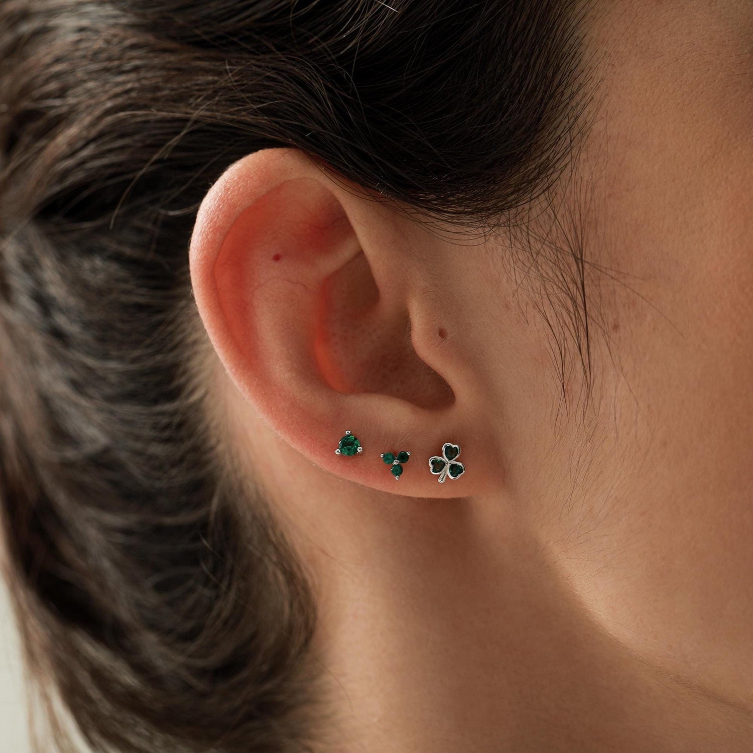 Green CZ Shamrock Tiny Stud Earrings in Sterling Silver, Clover Earrings, Irish Earrings, Silver or Gold Flower Earrings