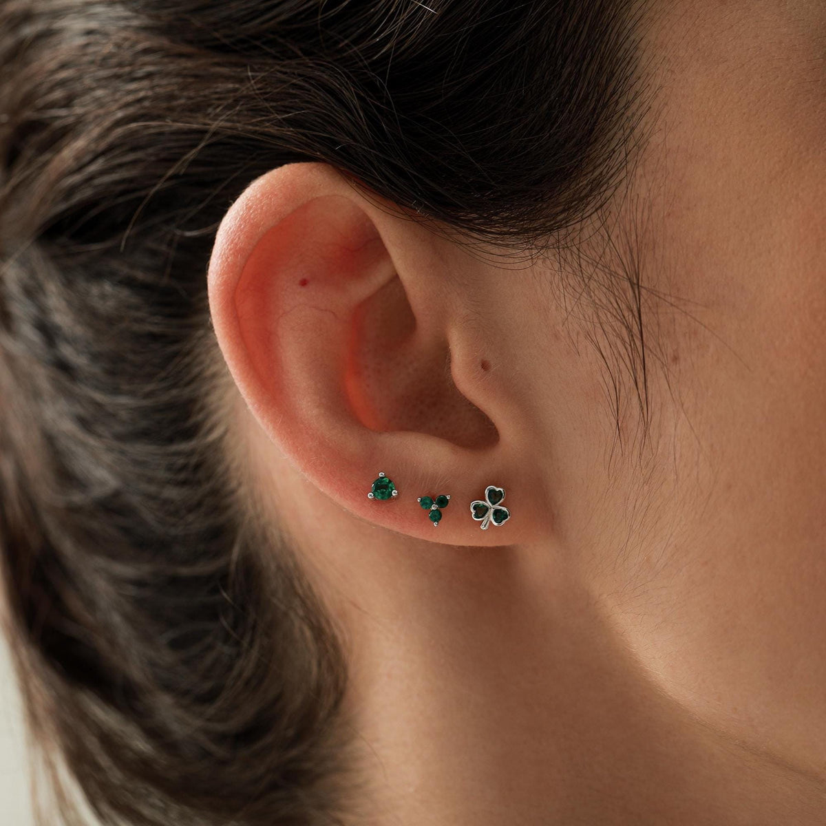 Green CZ Shamrock Tiny Stud Earrings in Sterling Silver, Clover Earrings, Irish Earrings, Silver or Gold Flower Earrings