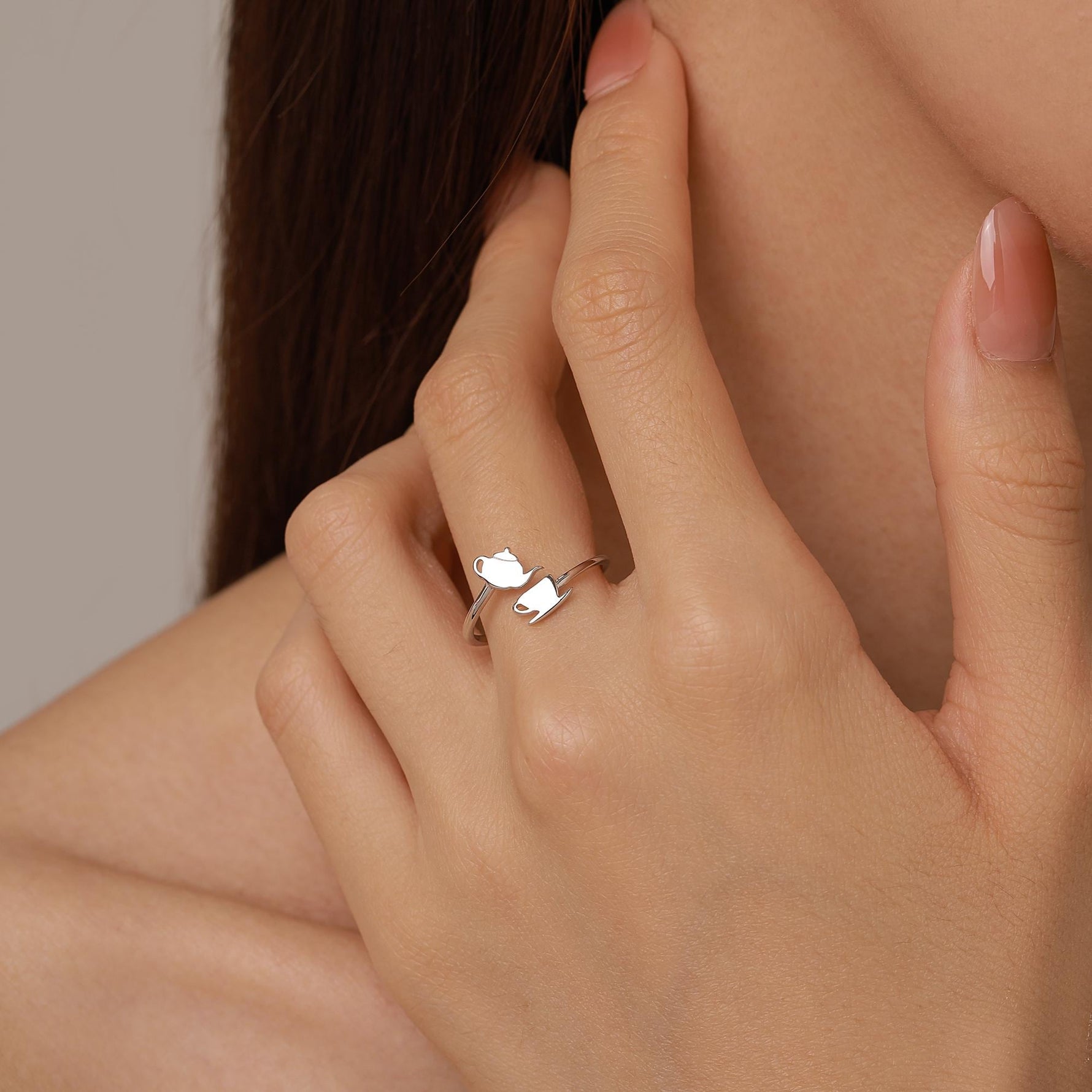 Sterling Silver Teapot and Teacup Adjustable Ring
