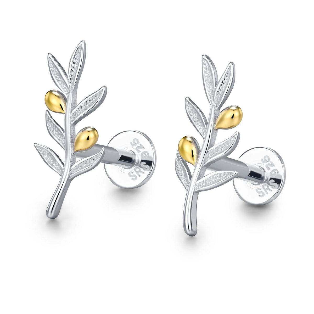 Sterling Silver Two Tone Olive Branch 16G Flat Back Earring