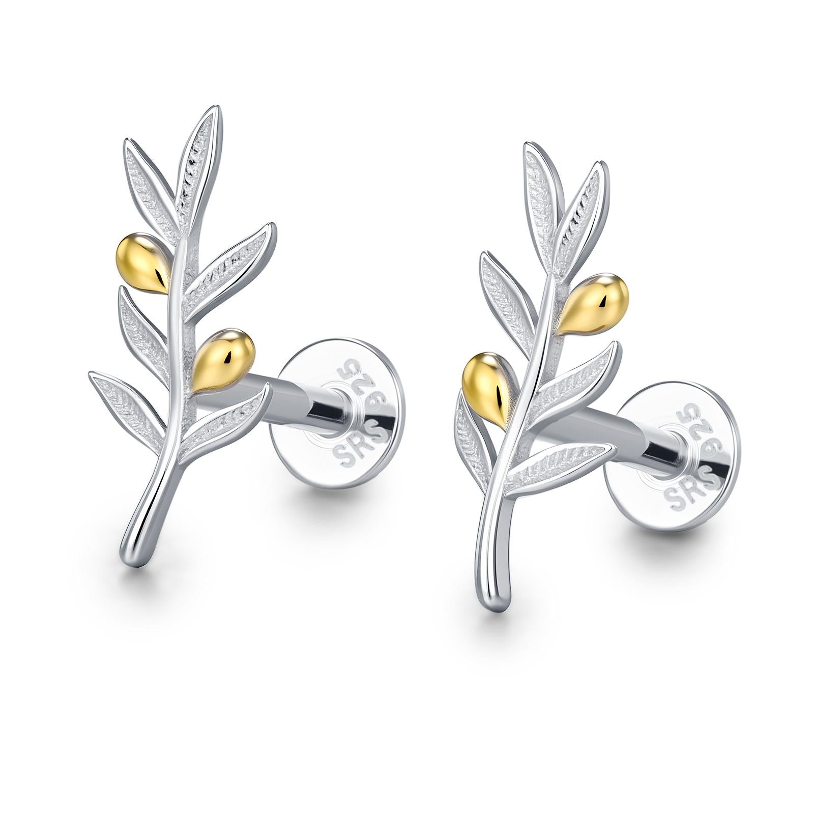Sterling Silver Two Tone Olive Branch 16G Flat Back Earring