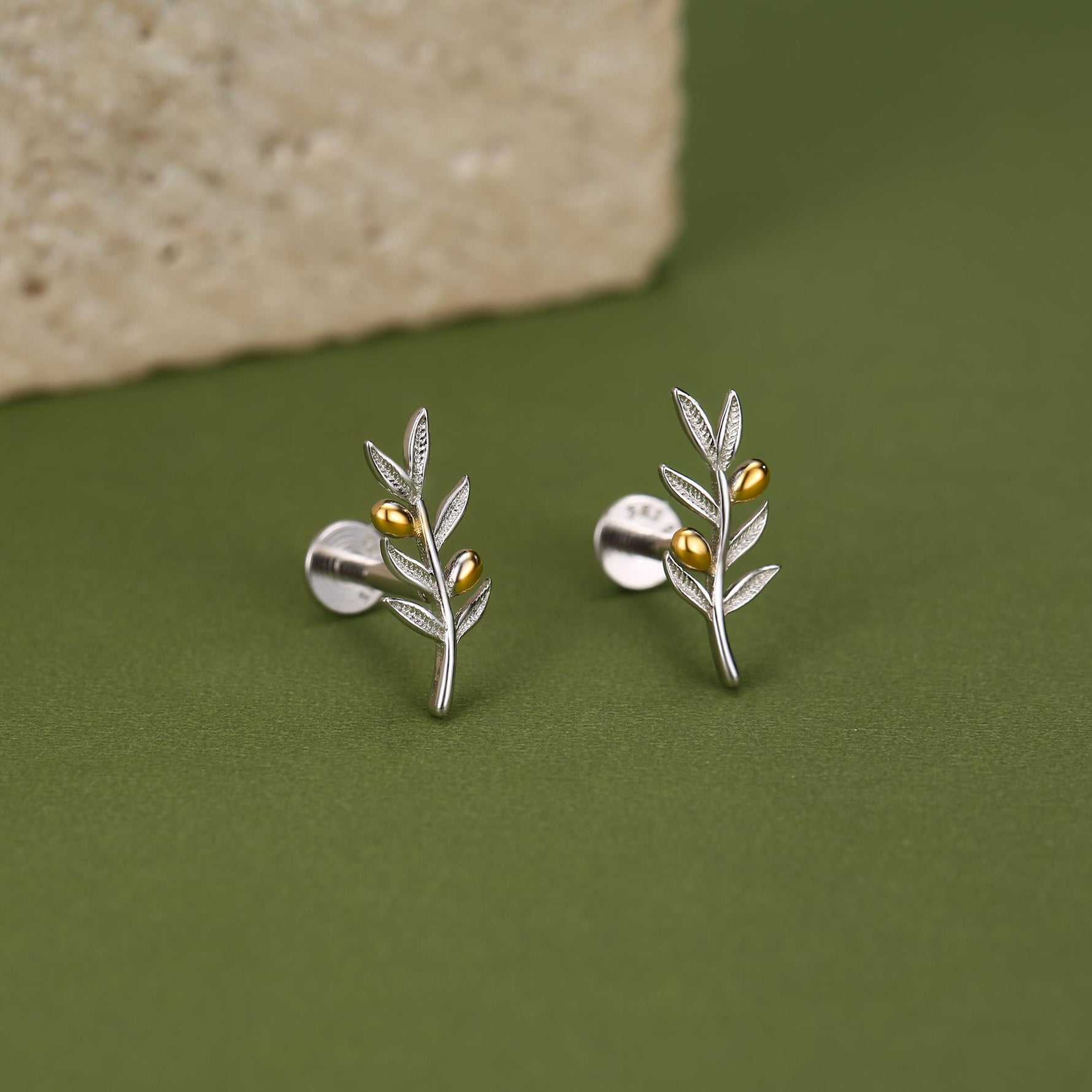 Sterling Silver Two Tone Olive Branch 16G Flat Back Earring