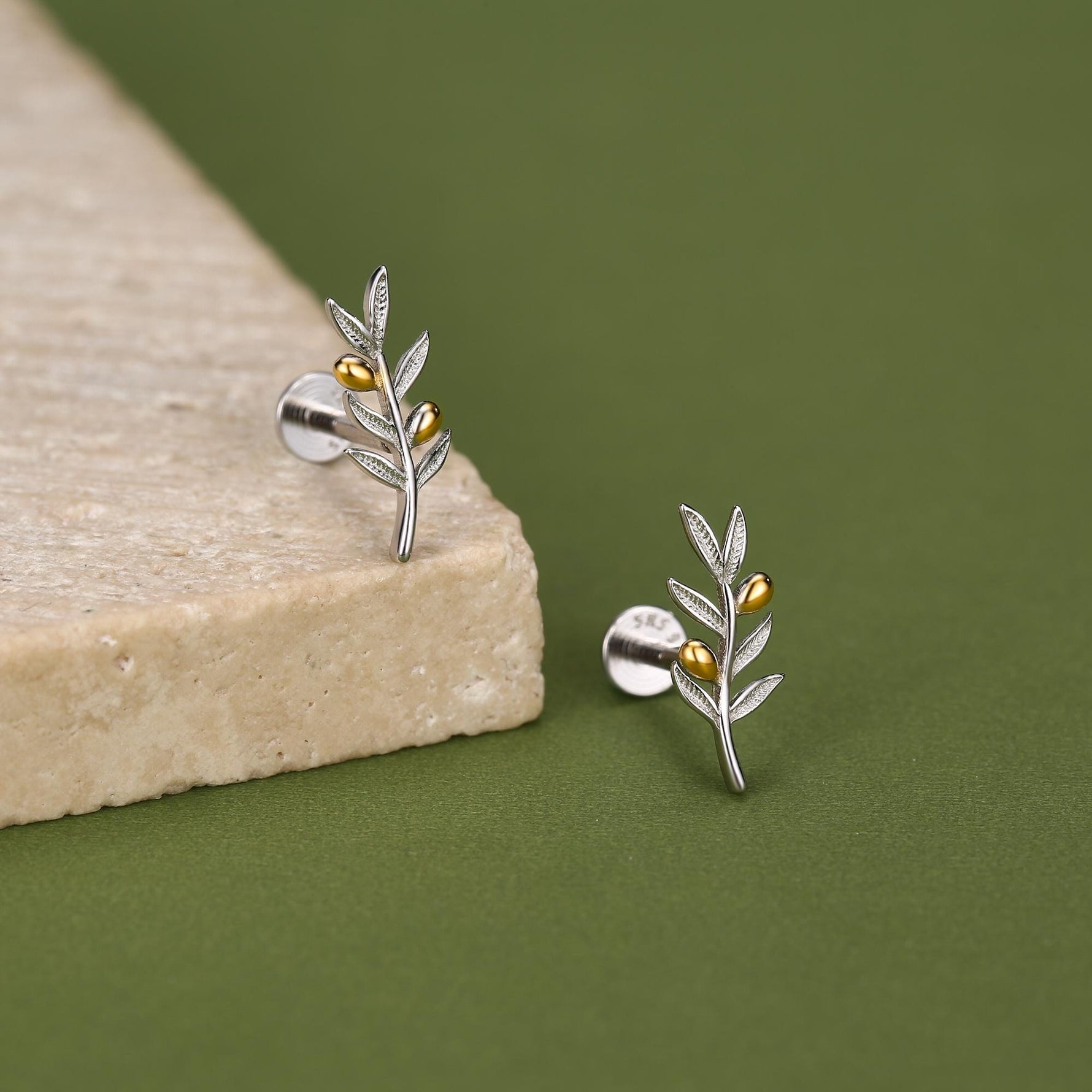 Sterling Silver Two Tone Olive Branch 16G Flat Back Earring