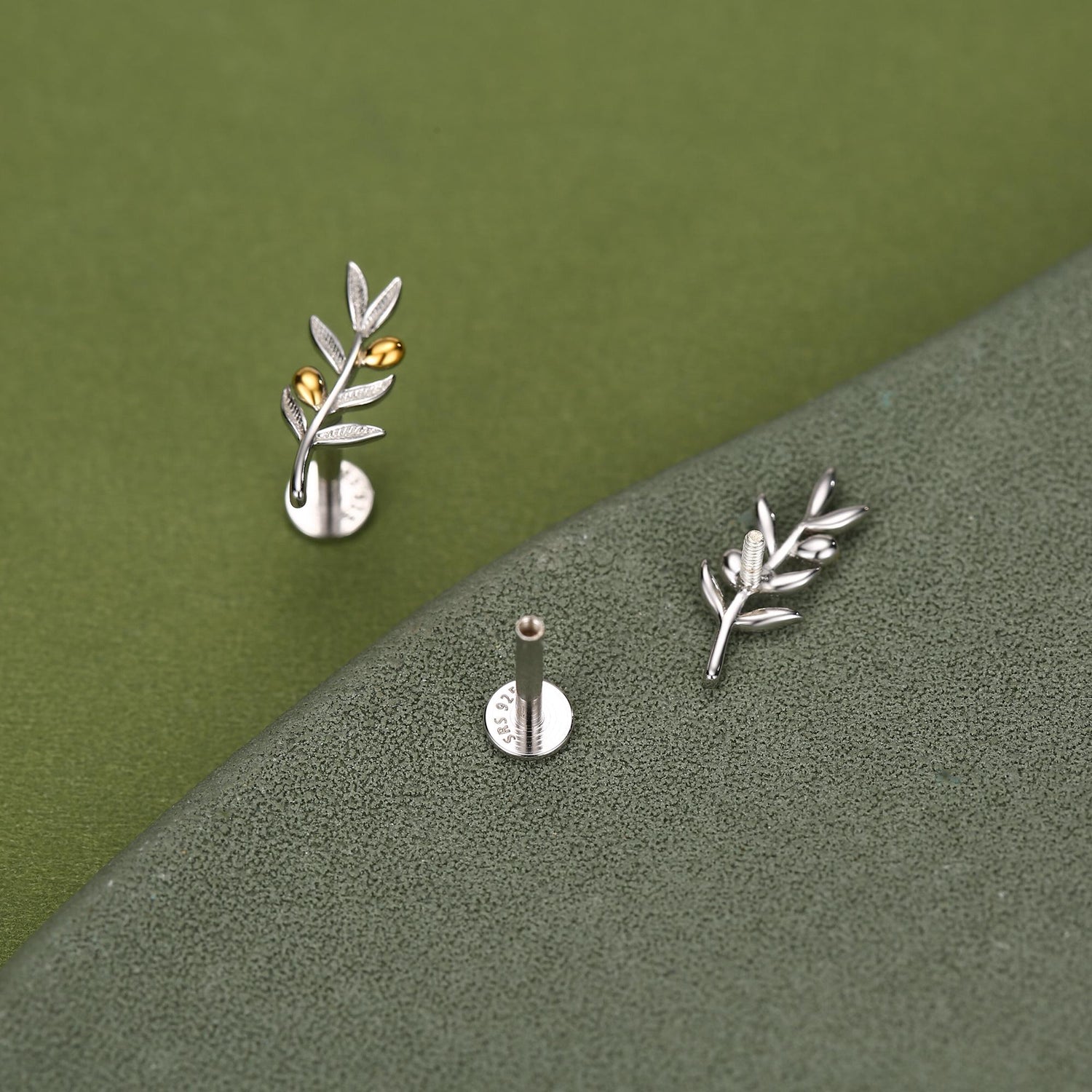 Sterling Silver Two Tone Olive Branch 16G Flat Back Earring