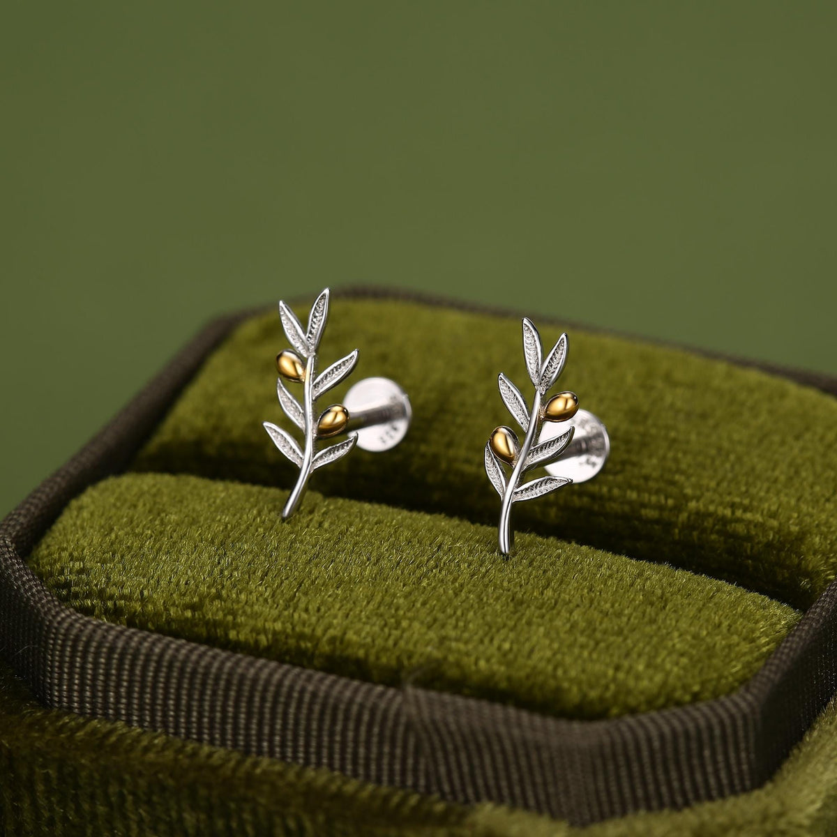 Sterling Silver Two Tone Olive Branch 16G Flat Back Earring