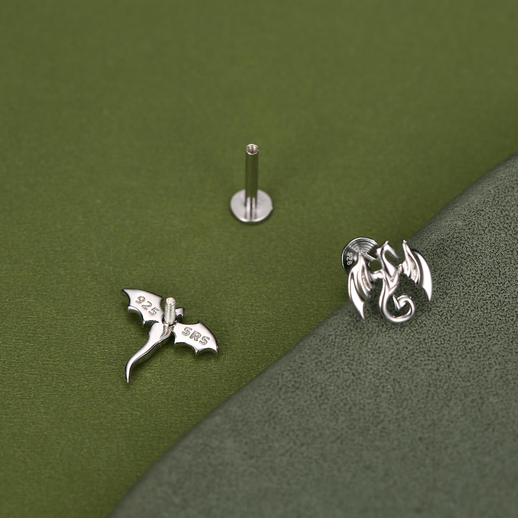 Sterling Silver Mismatched Dragon 16G Internally Threaded Flat Back Earrings