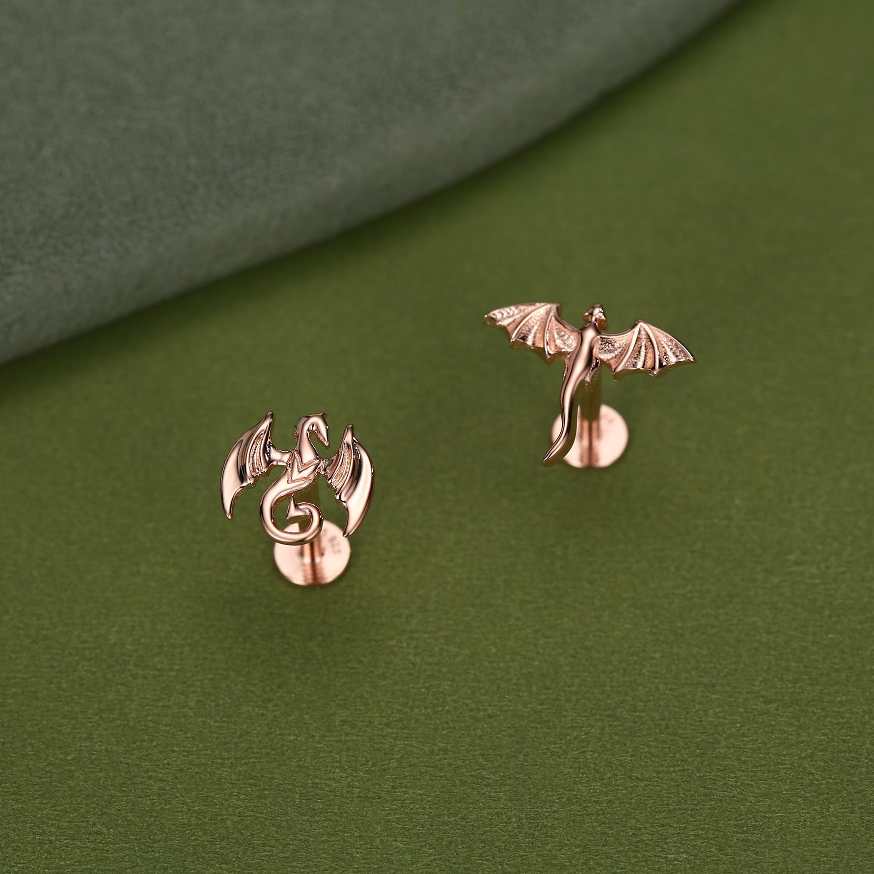 Sterling Silver Mismatched Dragon 16G Internally Threaded Flat Back Earrings