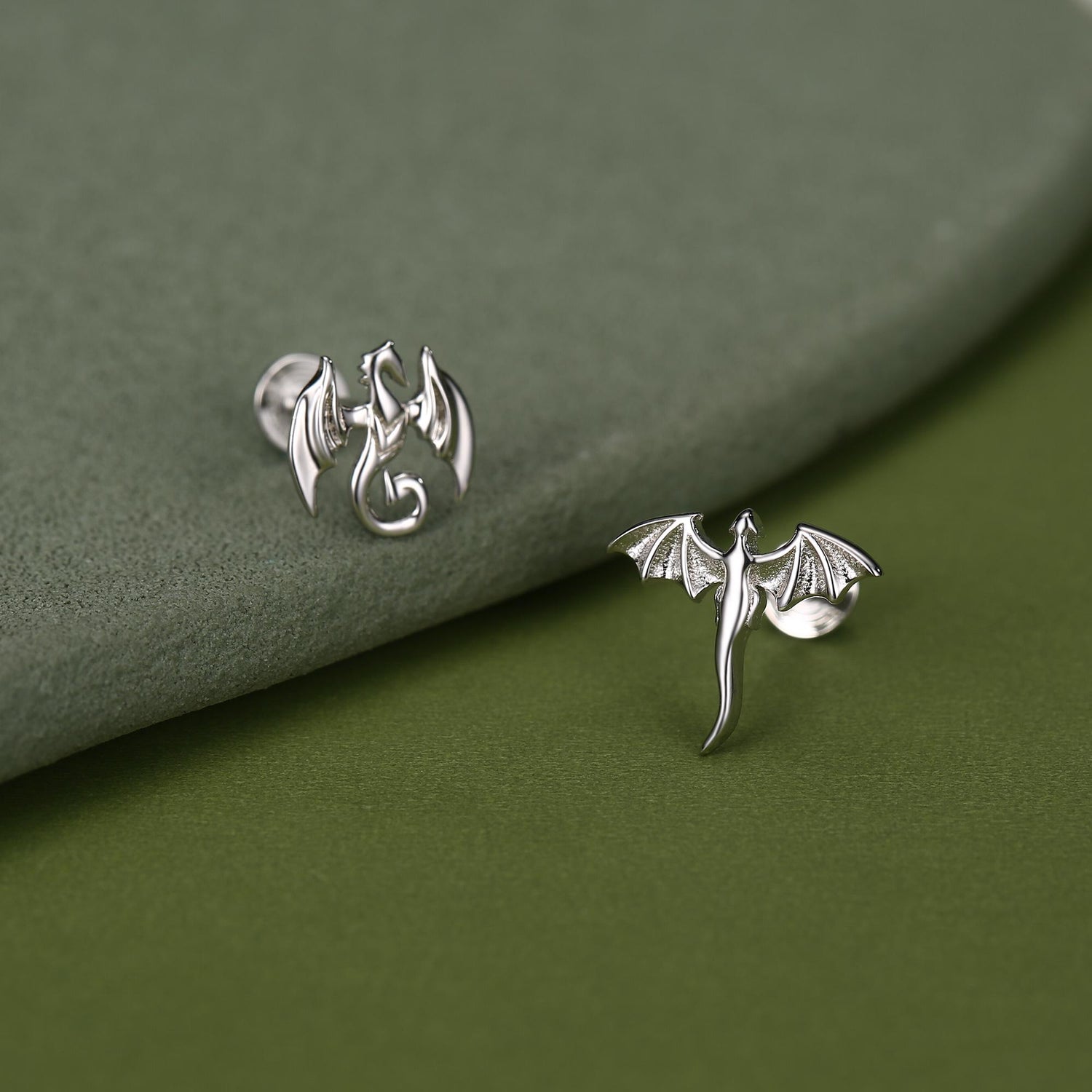 Sterling Silver Mismatched Dragon 16G Internally Threaded Flat Back Earrings