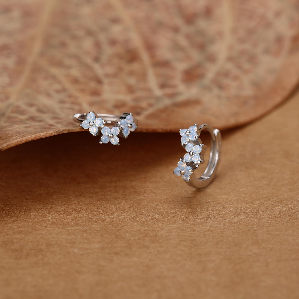 Sterling Silver Opal Floral Huggie Hoop Earrings
