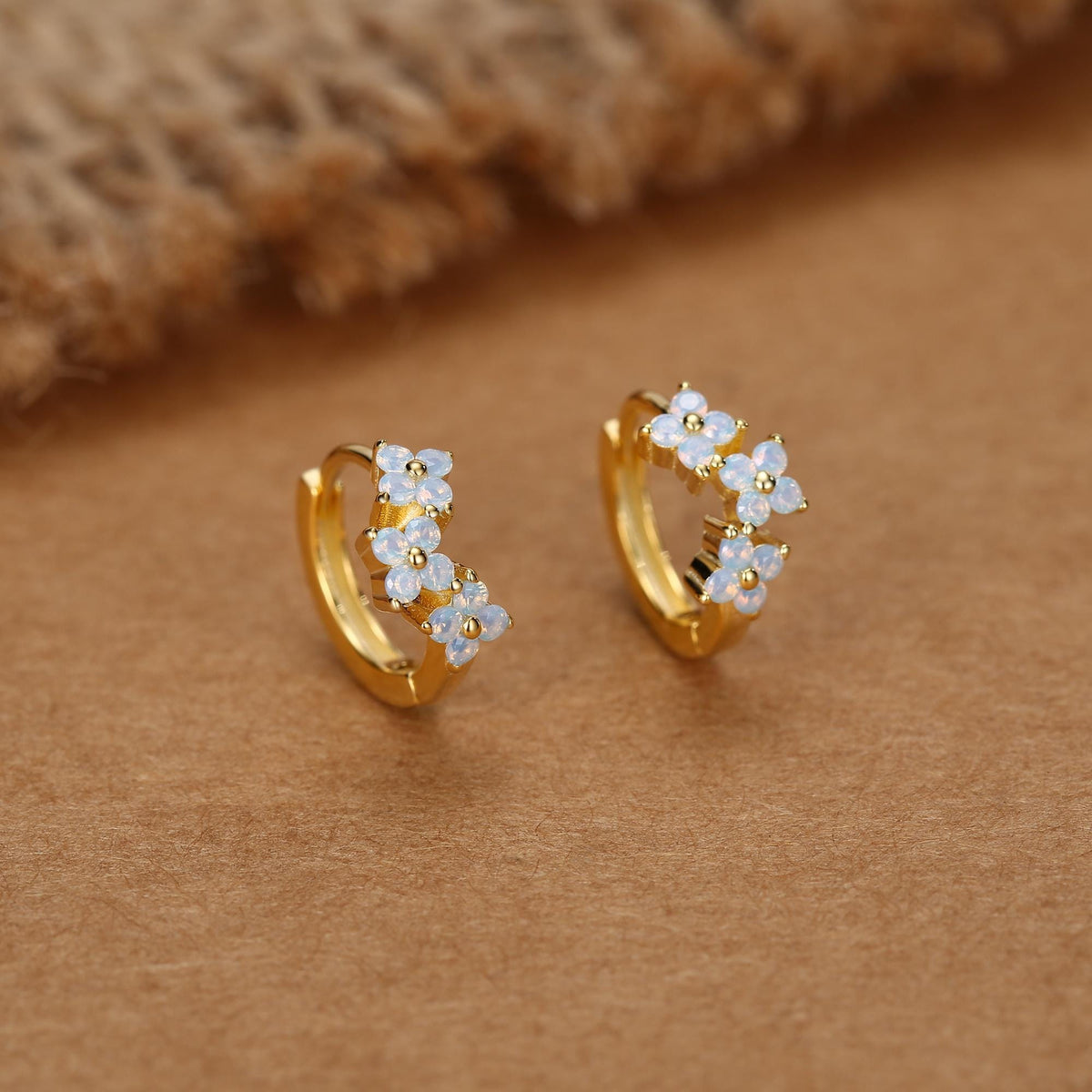 Sterling Silver Opal Floral Huggie Hoop Earrings