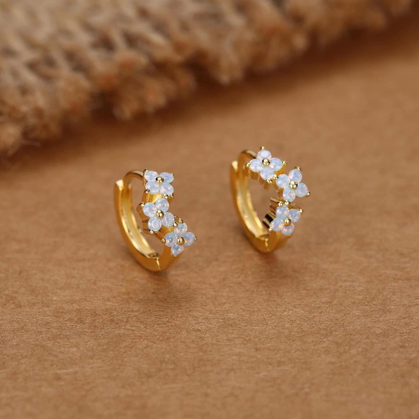 Sterling Silver Opal Floral Huggie Hoop Earrings