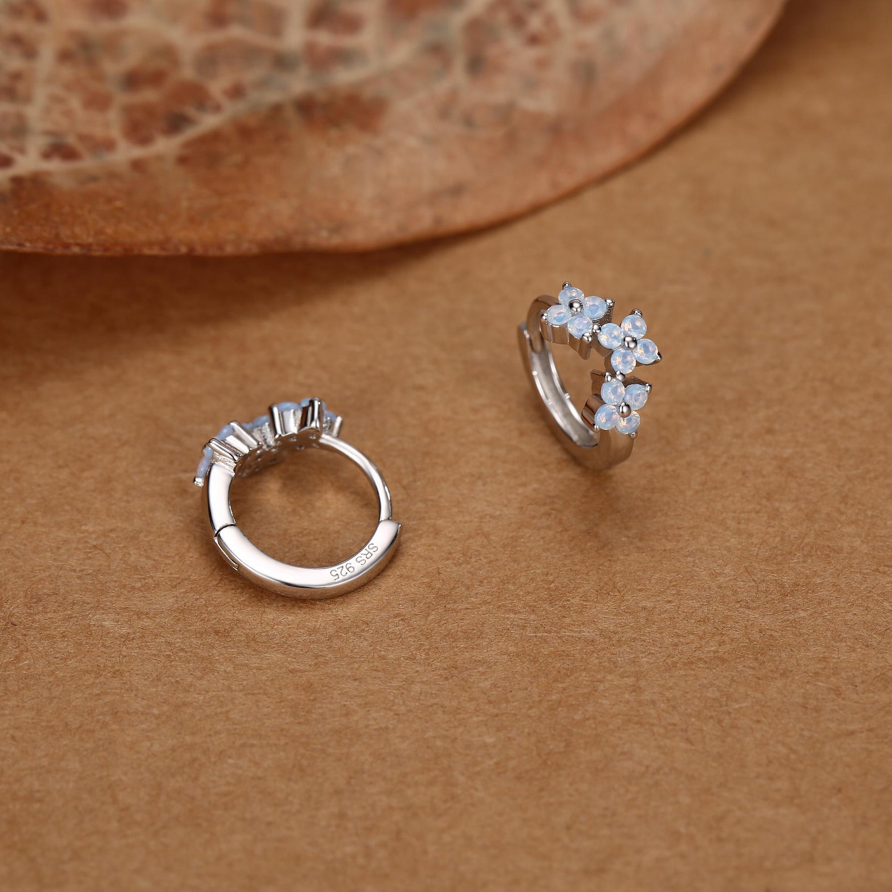 Sterling Silver Opal Floral Huggie Hoop Earrings