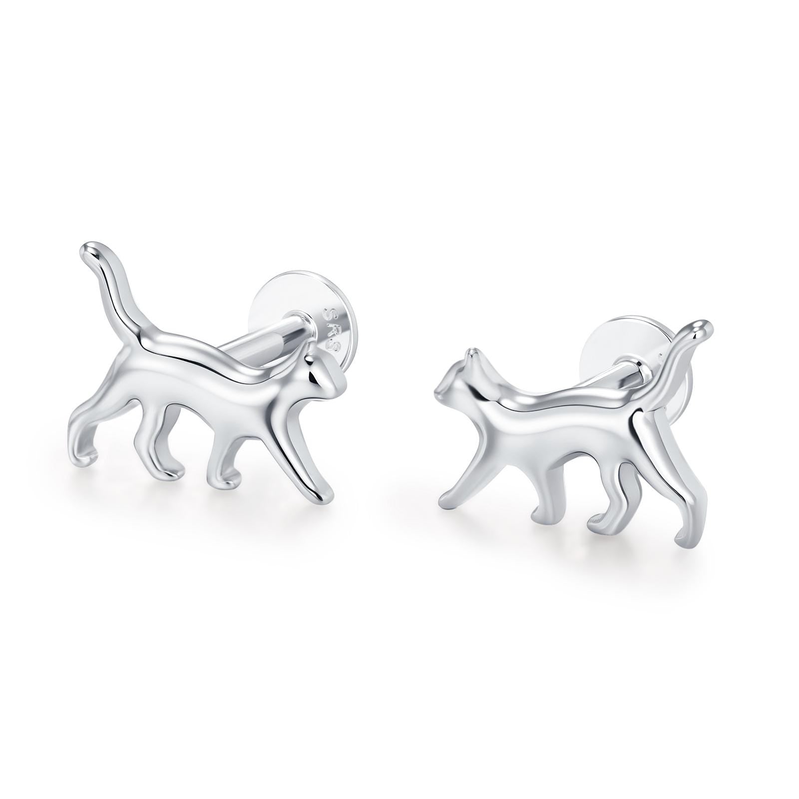 Sterling Silver Walking Cat 16G Flat Back Labret Earring