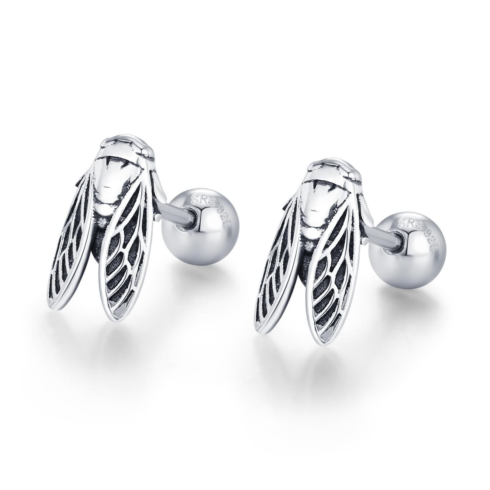 Sterling Silver Cicada 18G Screw Back Earrings