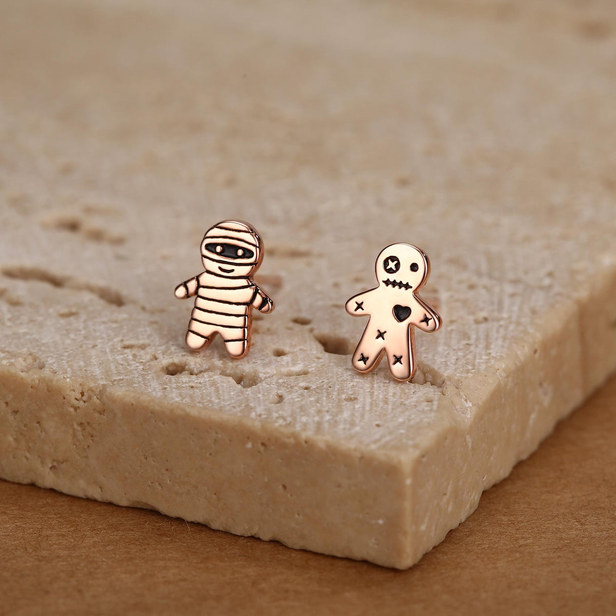 Sterling Silver Mismatched Voodoo Doll and Mummy Stud Earrings