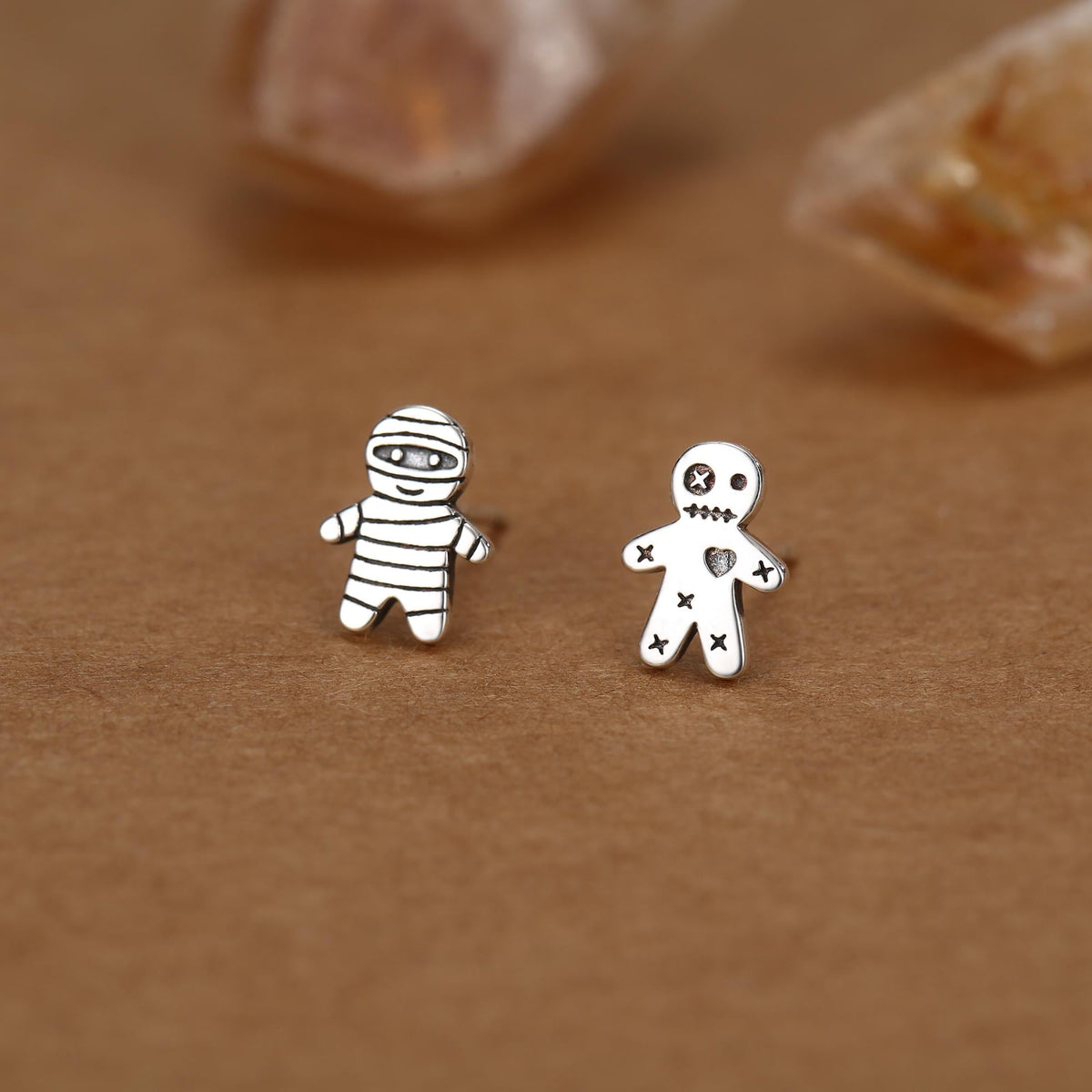 Sterling Silver Mismatched Voodoo Doll and Mummy Stud Earrings