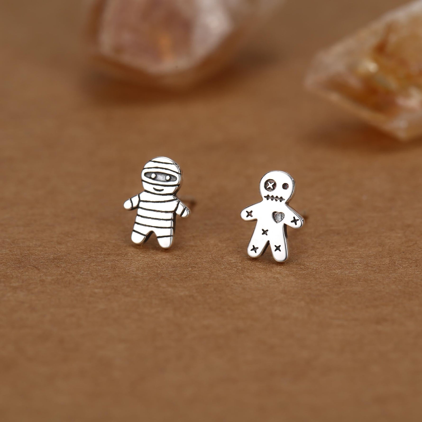 Sterling Silver Mismatched Voodoo Doll and Mummy Stud Earrings