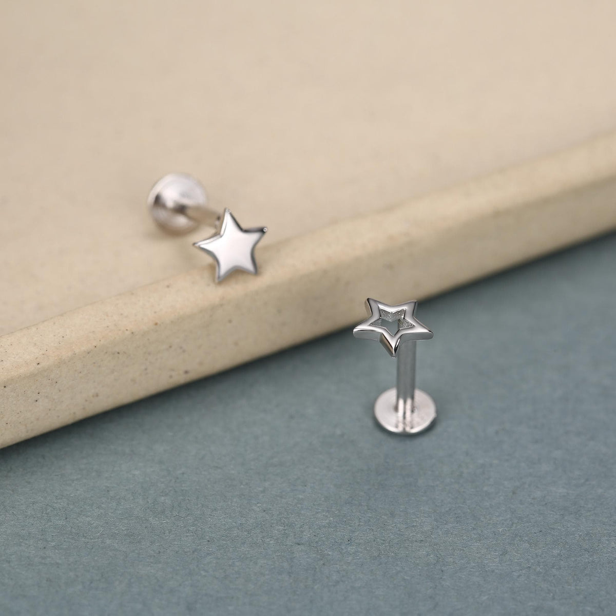 Sterling Silver Solid and Cutout Star 16G Flat Back Earrings