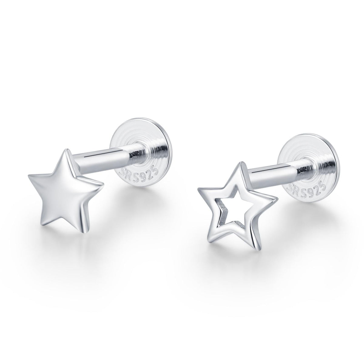 Sterling Silver Solid and Cutout Star 16G Flat Back Earrings