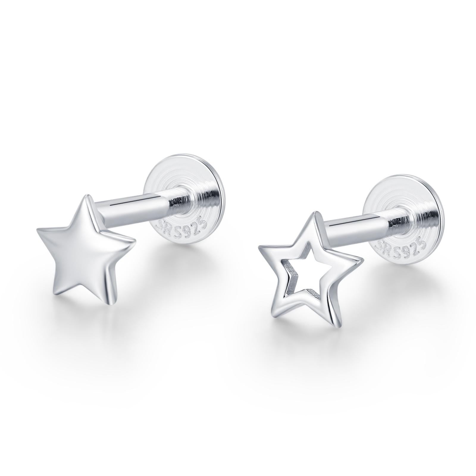 Sterling Silver Solid and Cutout Star 16G Flat Back Earrings