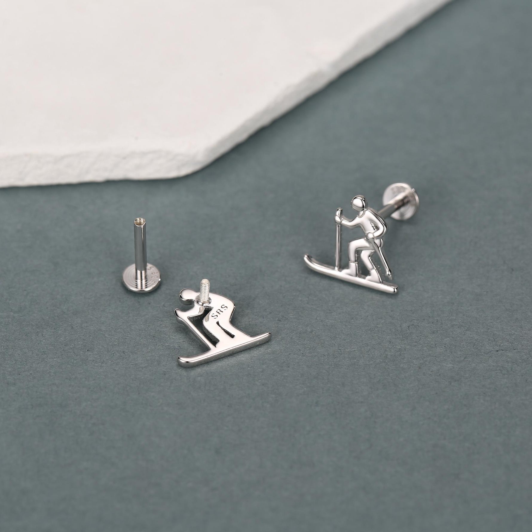 Sterling Silver Skier 16G Flat Back Labret Earring