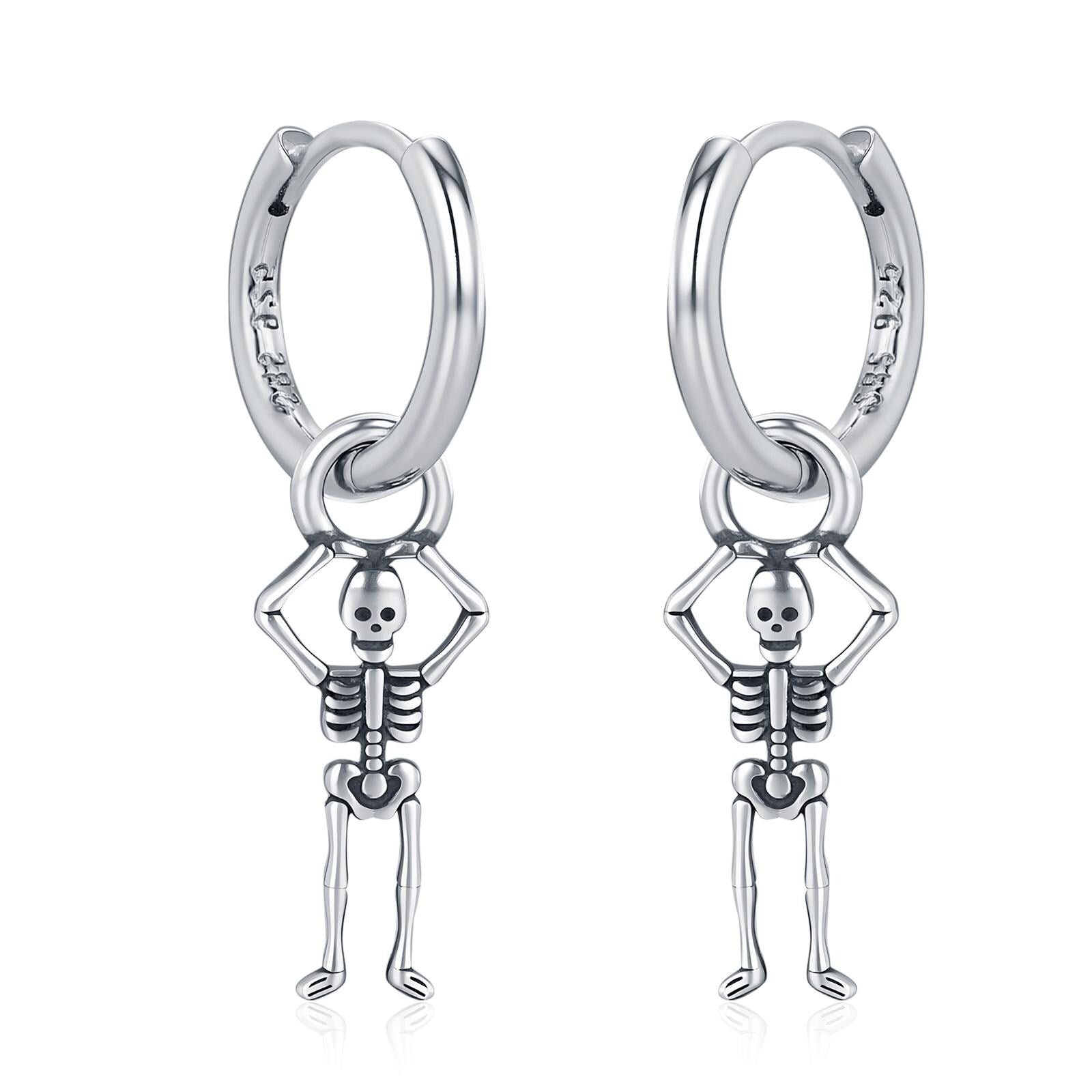 Sterling Silver Dancing Skeleton Hoop Earrings