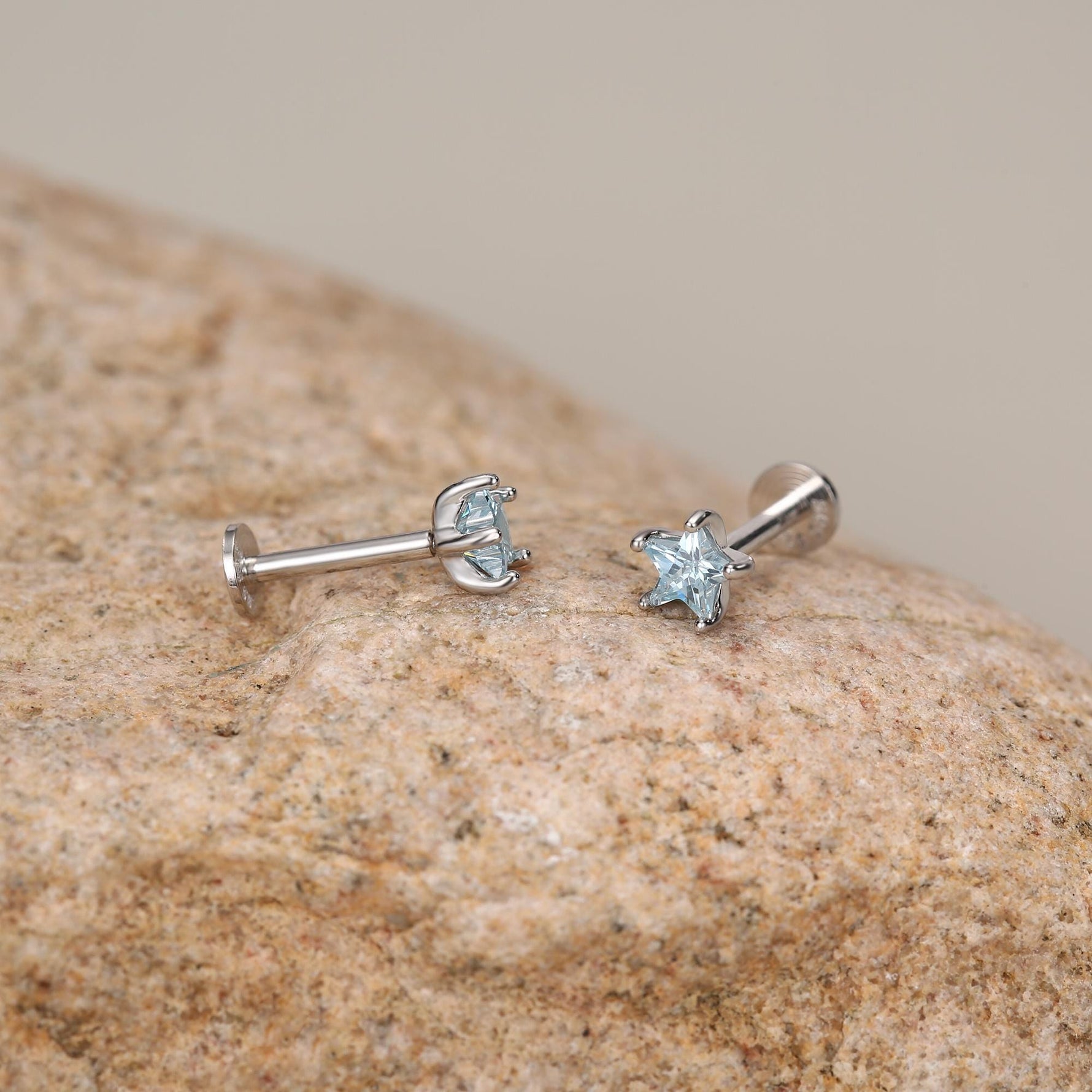 Sterling Silver Aqua CZ Star 16G Flat Back Earrings