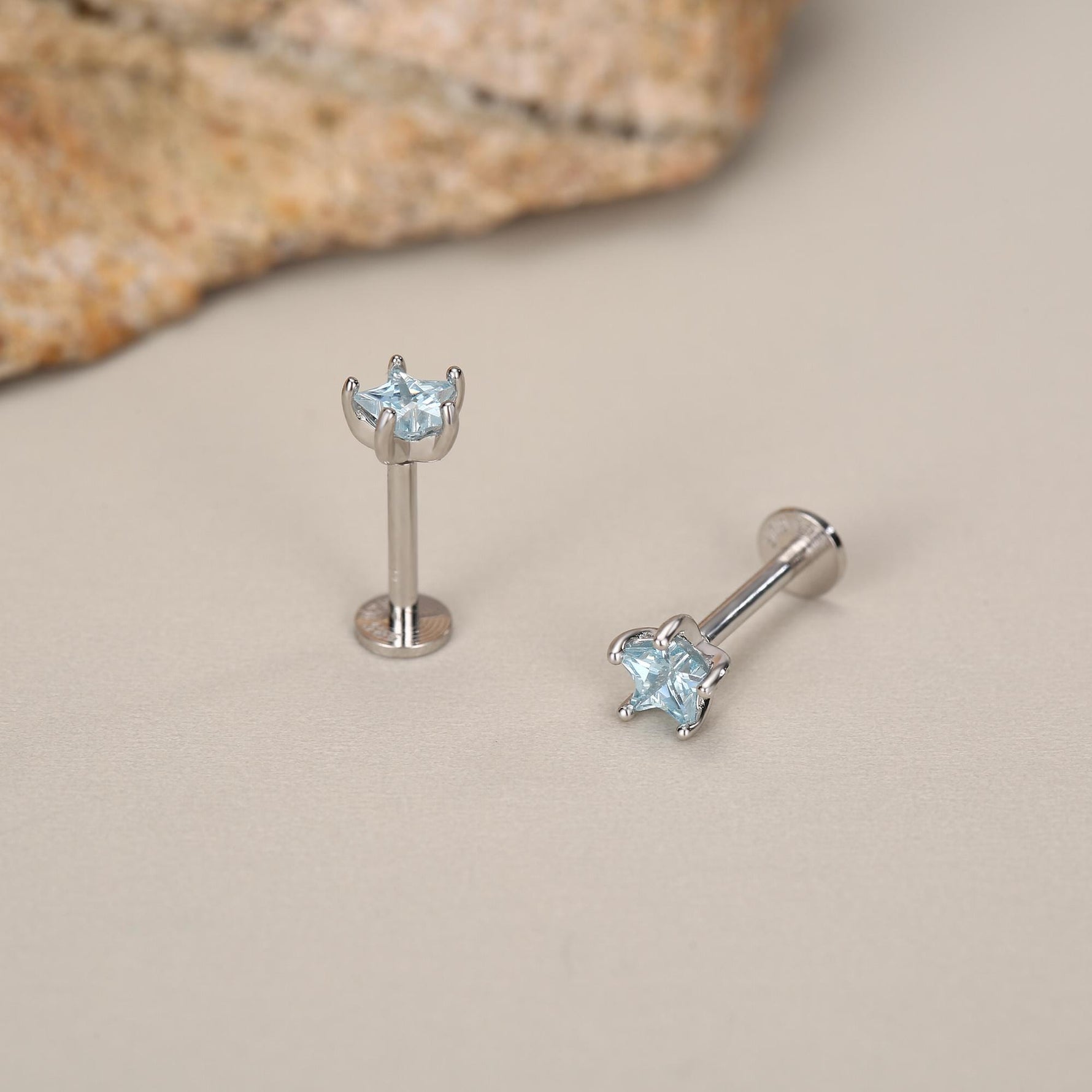 Sterling Silver Aqua CZ Star 16G Flat Back Earrings