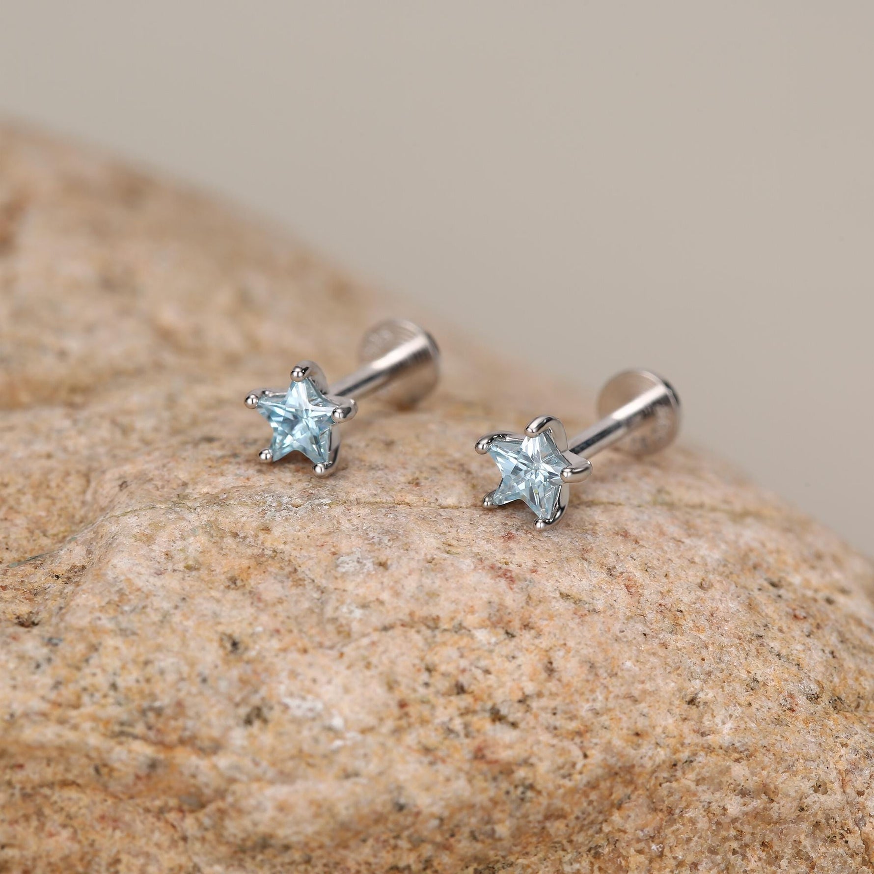 Sterling Silver Aqua CZ Star 16G Flat Back Earrings