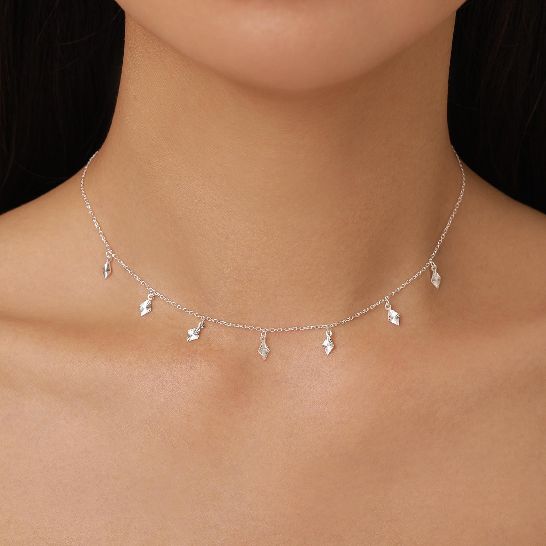 Sterling Silver Diamond Charm Dangle Choker Necklace