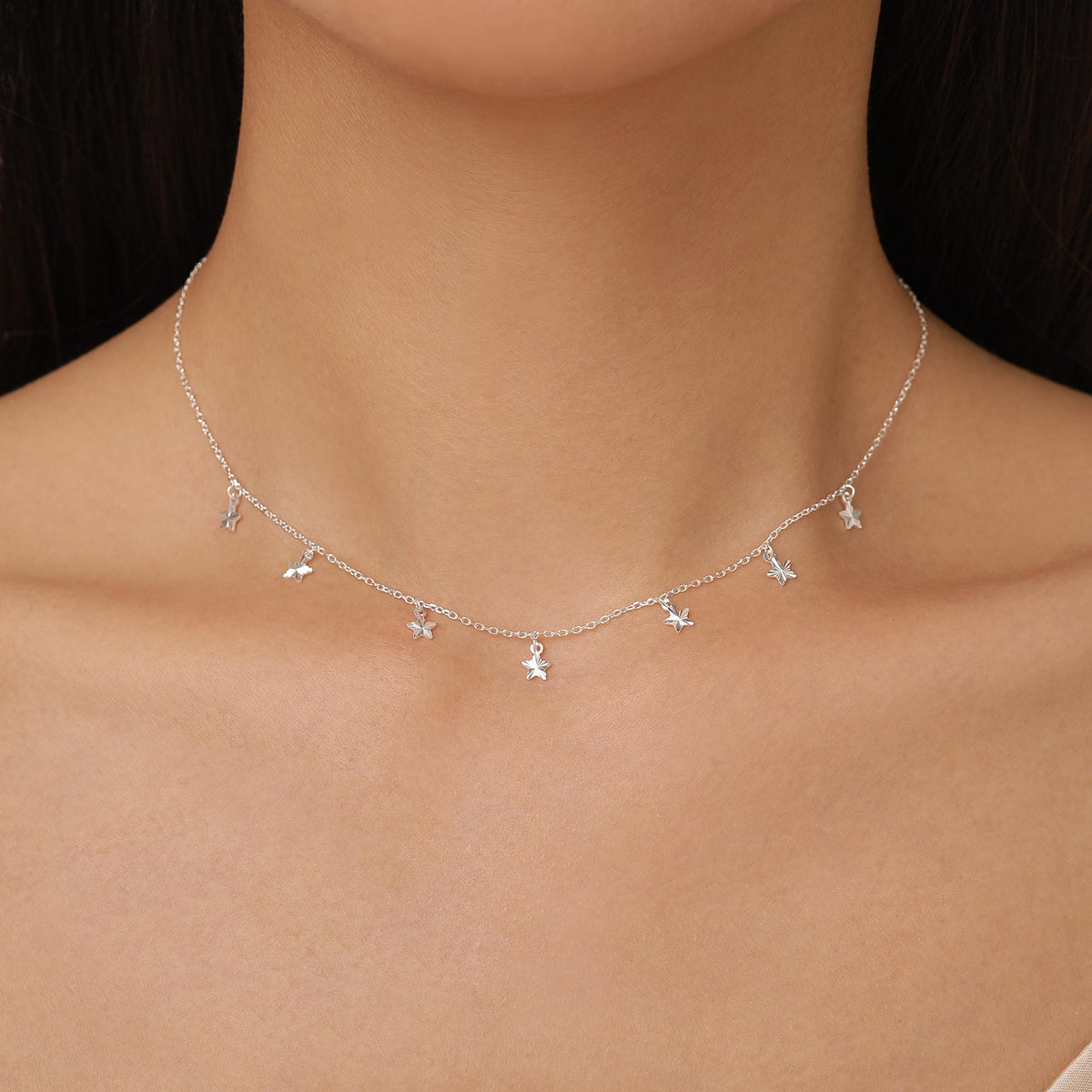 Sterling Silver Star Charm Dangle Choker Necklace