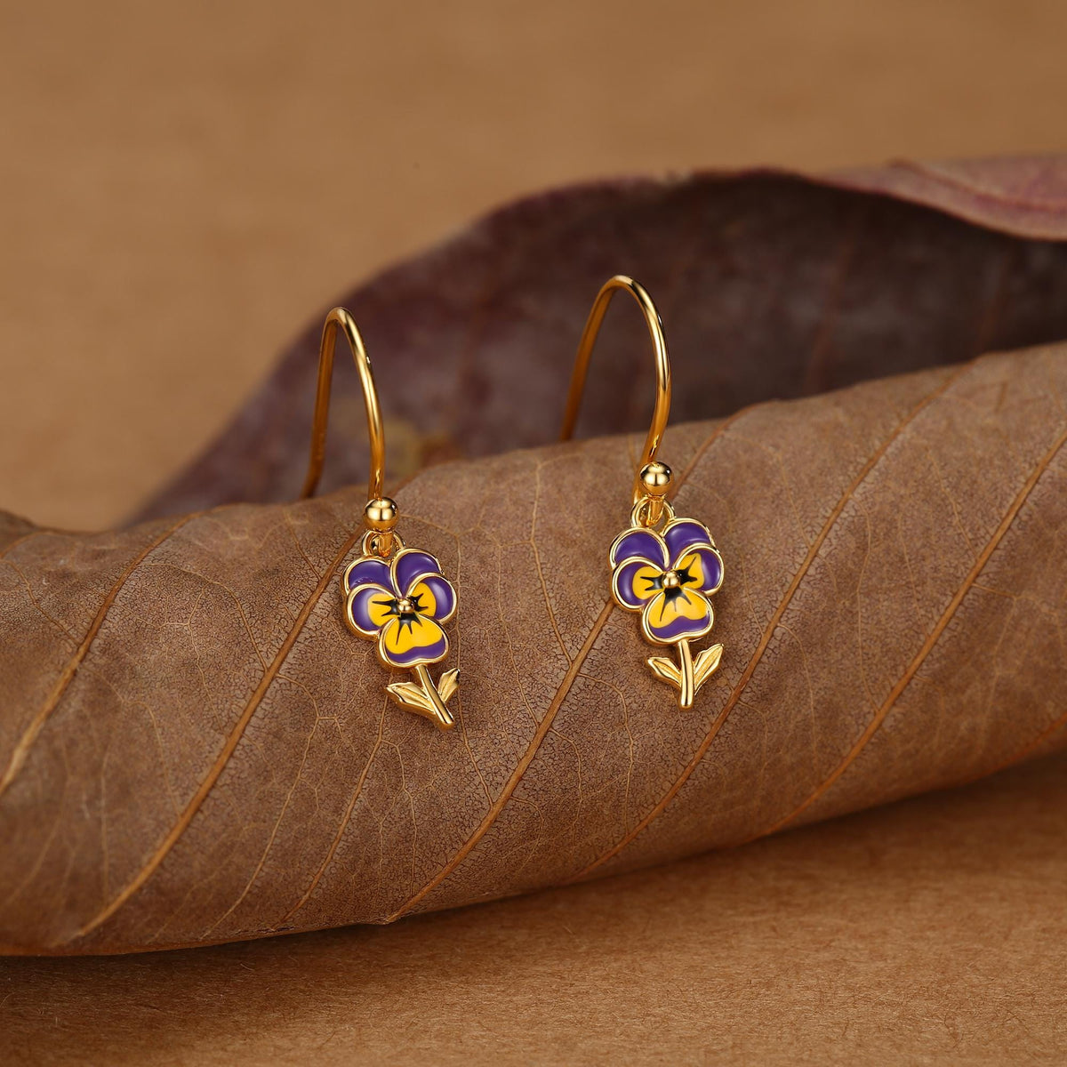 Sterling Silver Enamel Pansy Drop Earrings