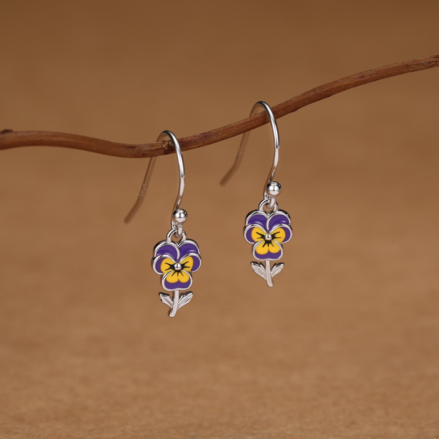 Sterling Silver Enamel Pansy Drop Earrings