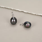 Sterling Silver Genuine Black Pearl Huggie Hoop Earrings and Necklace Set