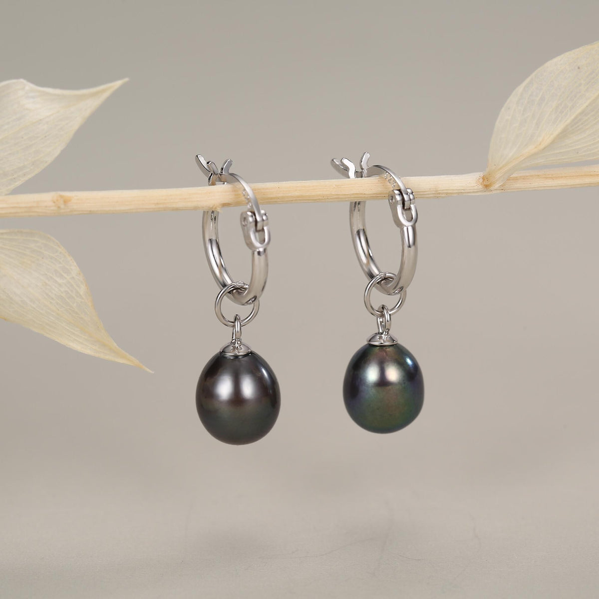 Sterling Silver Genuine Black Pearl Huggie Hoop Earrings and Necklace Set