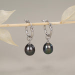 Sterling Silver Genuine Black Pearl Huggie Hoop Earrings and Necklace Set