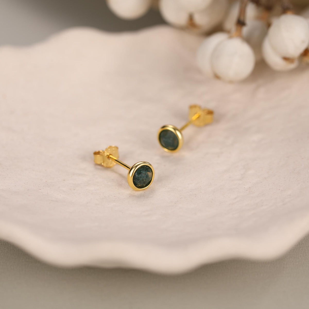 Sterling Silver Moss Agate Stud Earrings