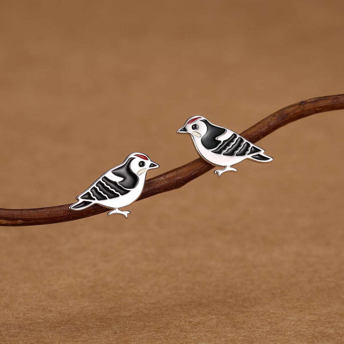 Sterling Silver Woodpecker Bird Stud Earrings
