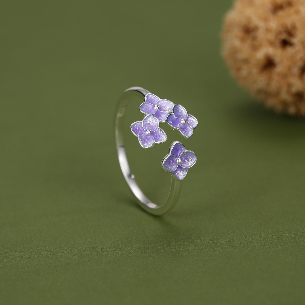Sterling Silver Enamel Purple Hydrangea Adjustable Ring