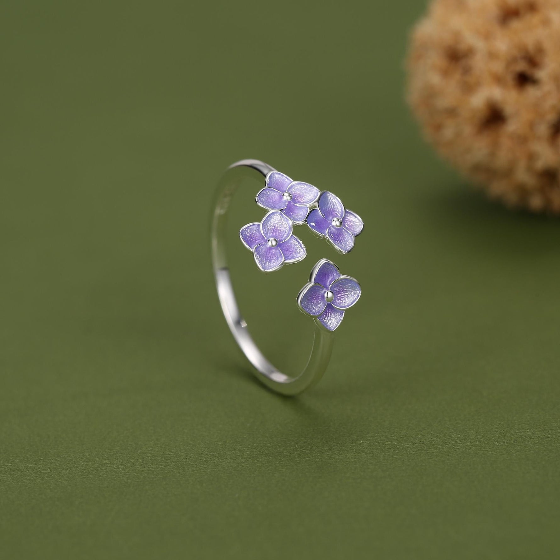 Sterling Silver Enamel Purple Hydrangea Adjustable Ring