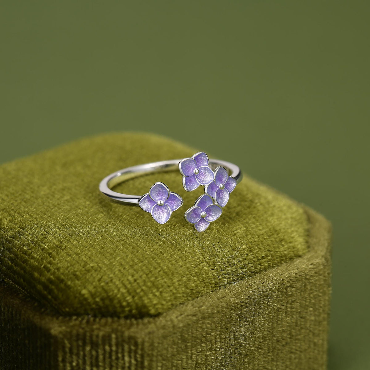 Sterling Silver Enamel Purple Hydrangea Adjustable Ring