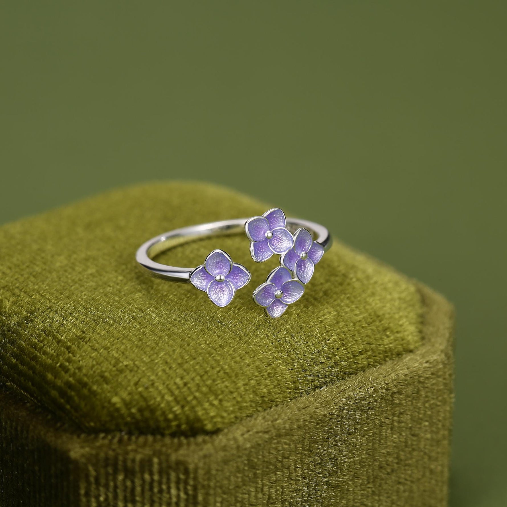 Sterling Silver Enamel Purple Hydrangea Adjustable Ring