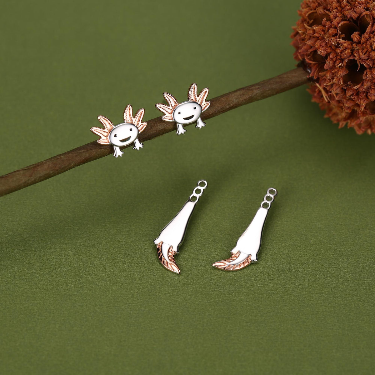 Sterling Silver Two-Tone Axolotl Stud Earrings