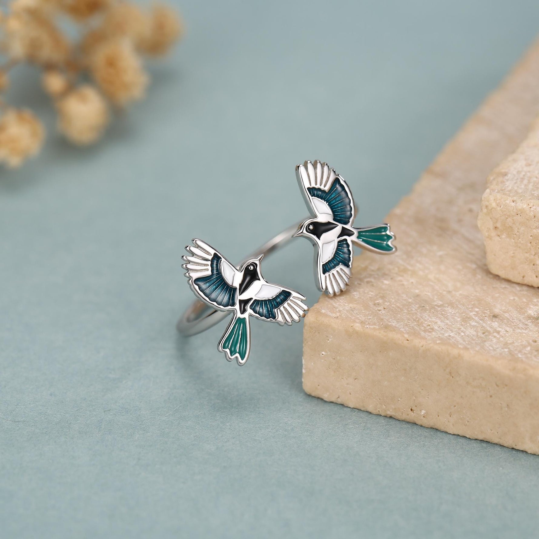 Sterling Silver Enamel Two Magpies Open Ring