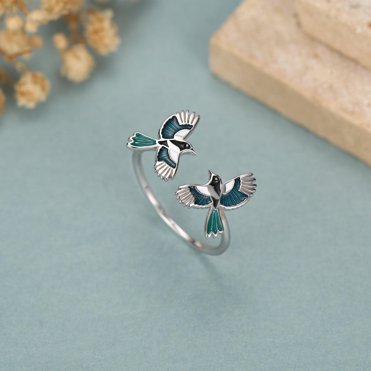 Sterling Silver Enamel Two Magpies Open Ring