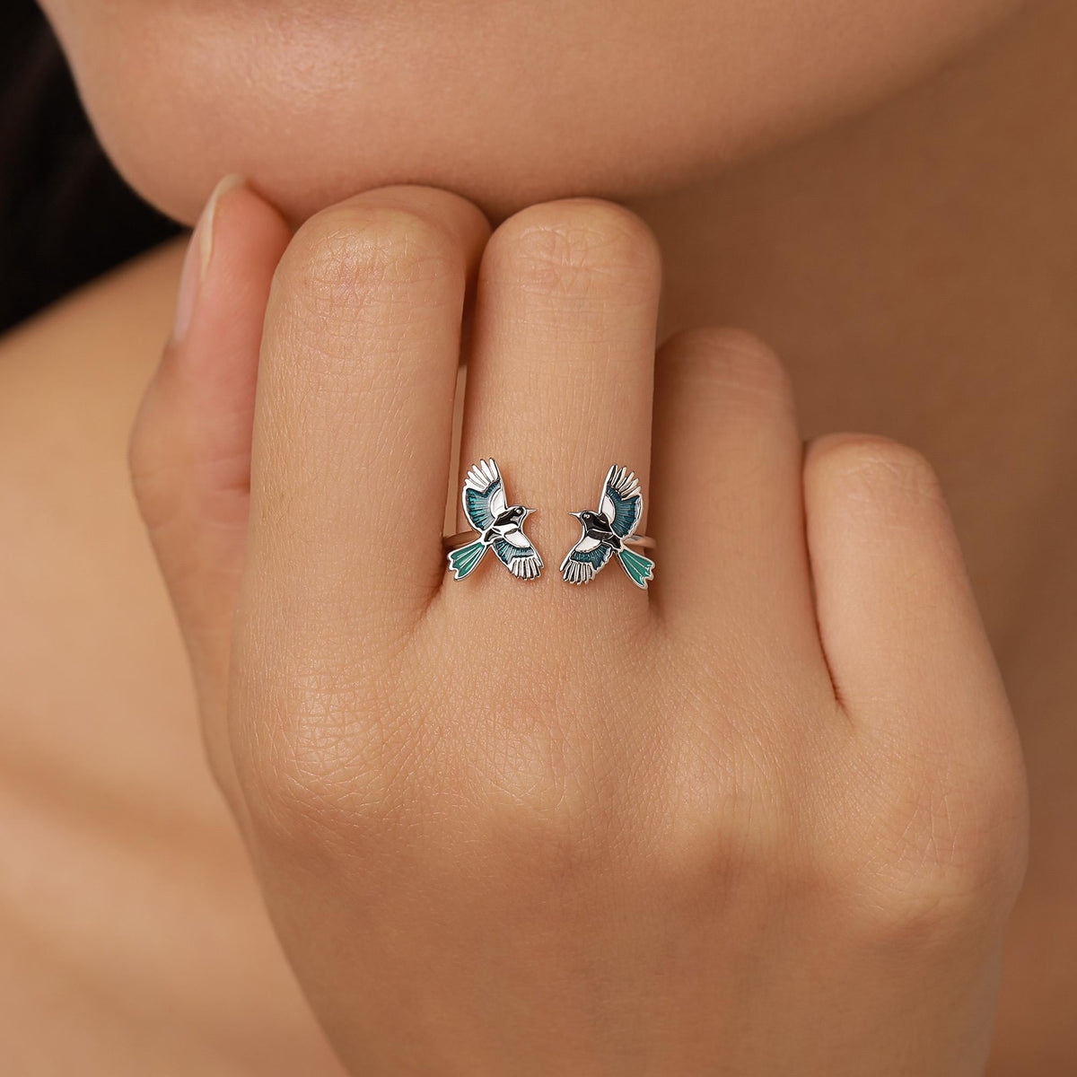Sterling Silver Enamel Two Magpies Open Ring